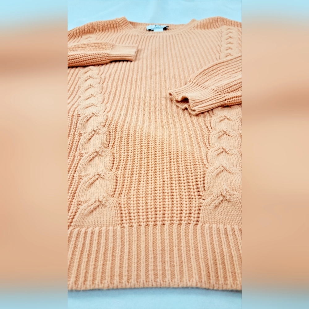 Magaschoni Orange Pumpkin Sweater Cable Knit Long Cotton Pullover Crew Neck M - Picture 7 of 16